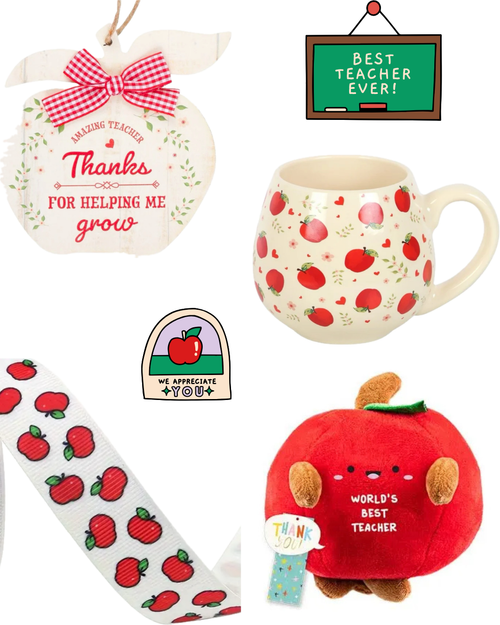 Collection of teacher appreciation items including a mug, apple plush toy, and decorative signs.