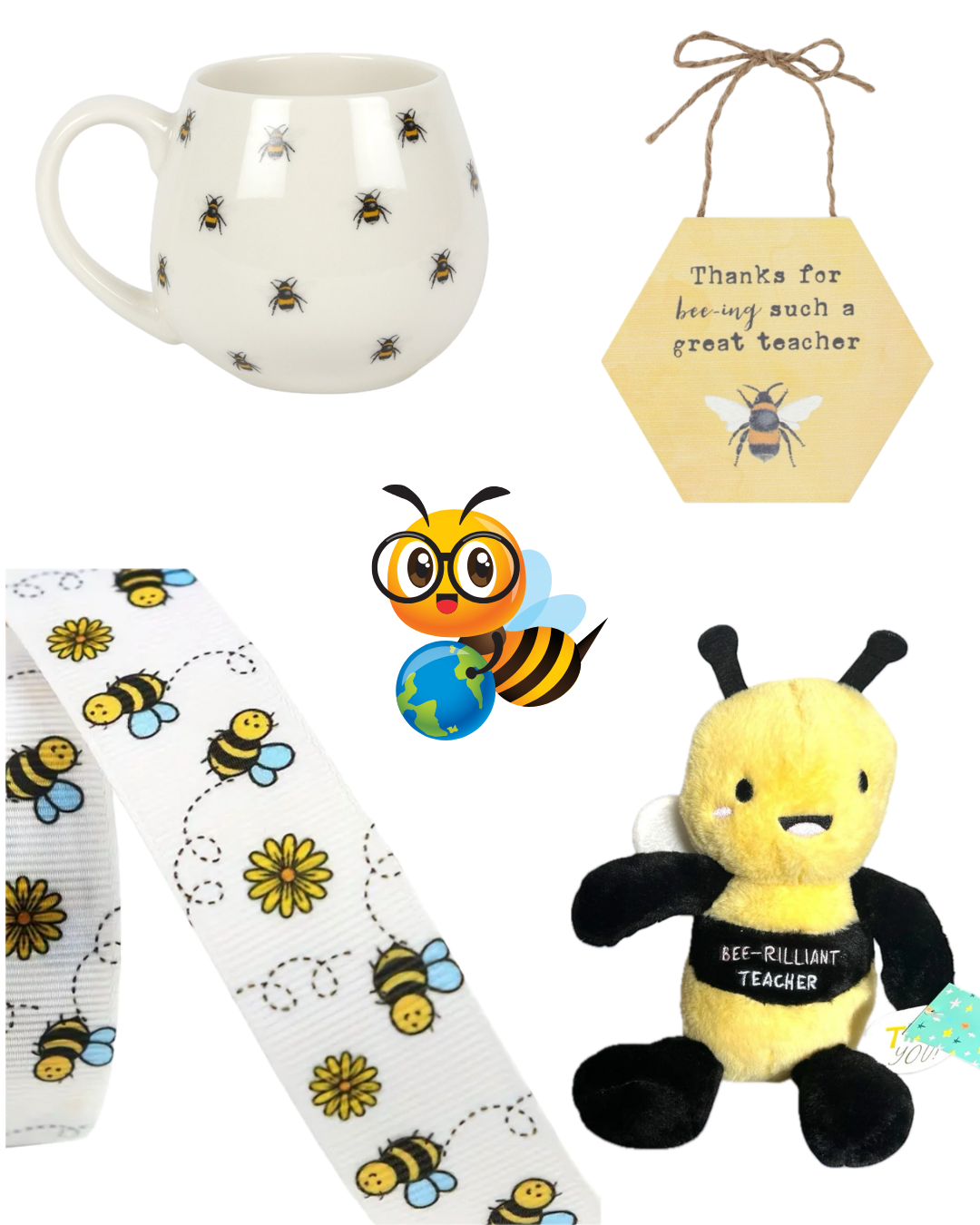 Collection of bee-themed items including a mug, plush toy, and ribbon on a white background.