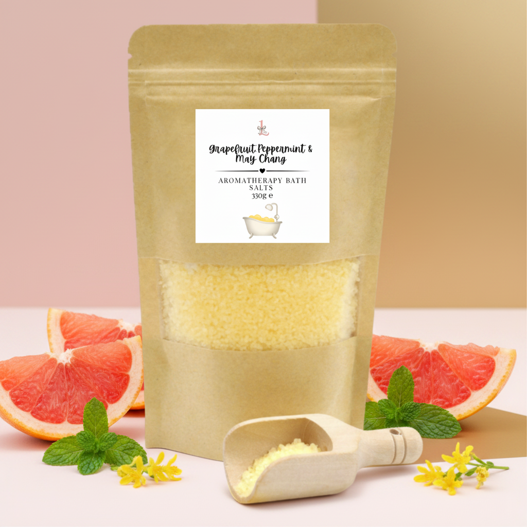 Packaged aromatherapy bath salt with a wooden scoop on a white background