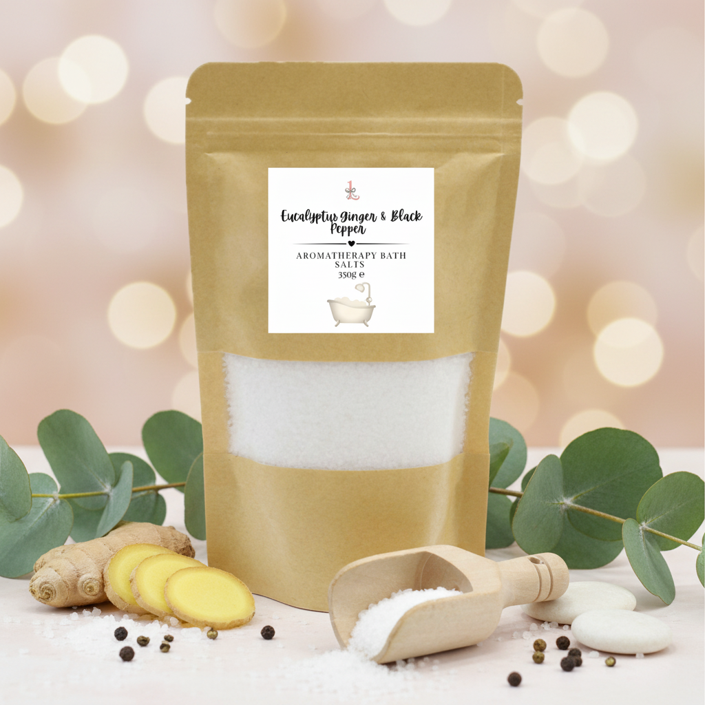 Kraft paper packaging of Eucalyptus, Ginger, and Black Pepper aromatherapy bath salts with a wooden scoop on a white background.