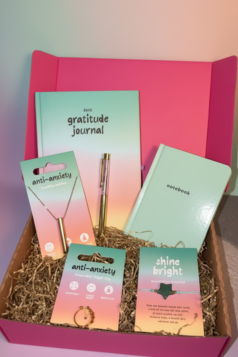 Gift set with gratitude journal, notebook, and anti-anxiety necklaces on a pink background