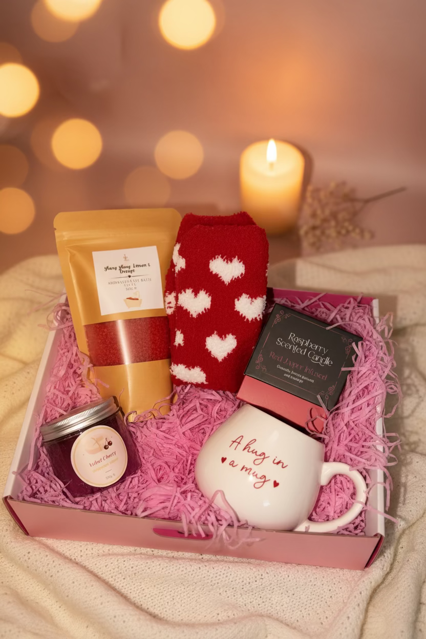 Gift set with a mug, socks, and other items on pink shredded paper