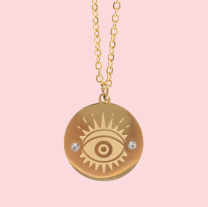 Gold all seeing eye necklace with protection symbol pendant