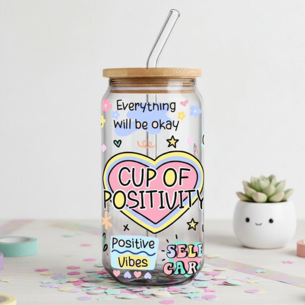 cup of positivity glass can with cute and pastel elements