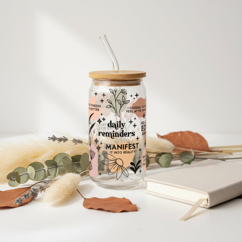 daily reminders glass with botanical elements and journal 
