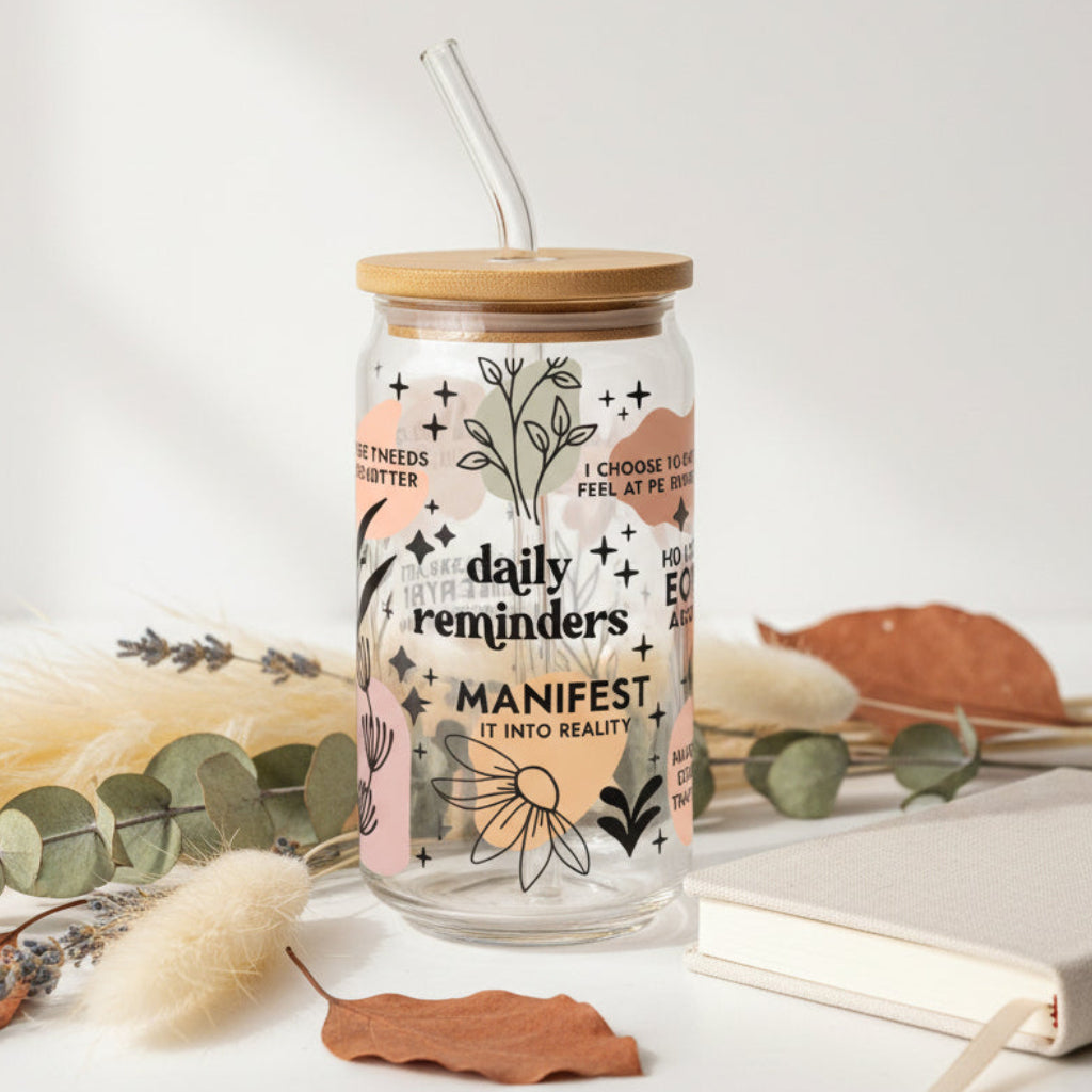 daily reminders glass with botanical elements and journal 