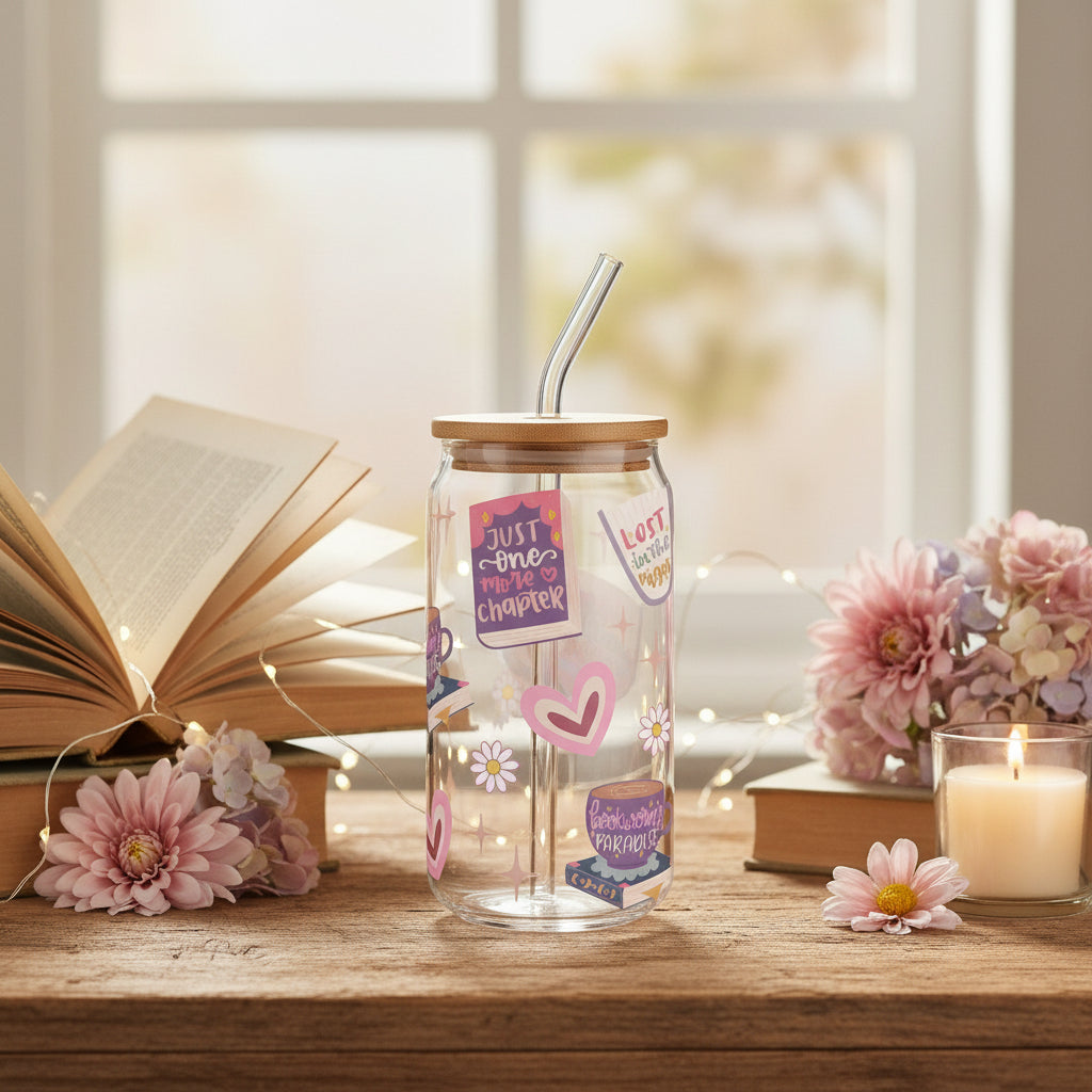 just one more chapter glass with floral and book decor 