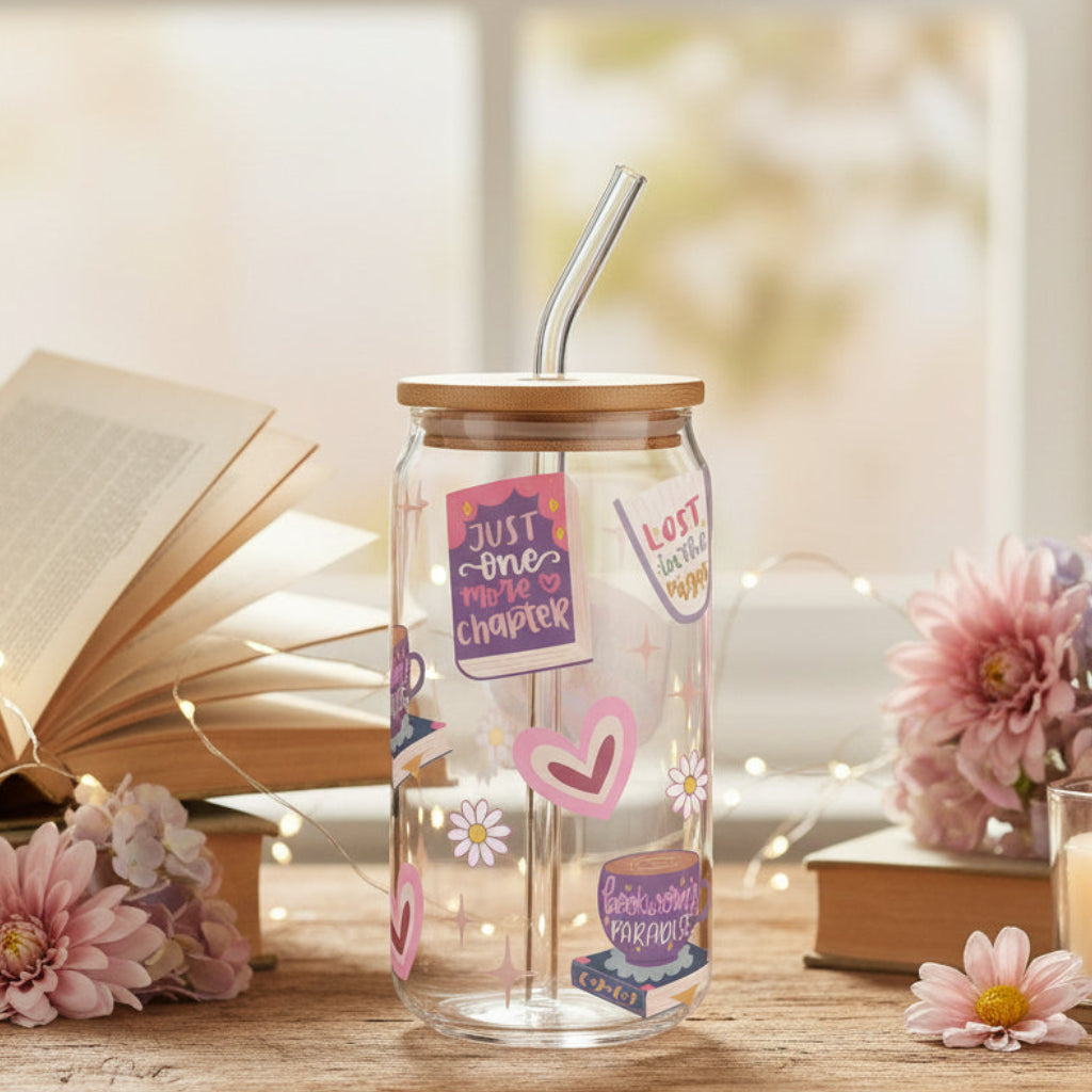 just one more chapter glass with floral and book decor 