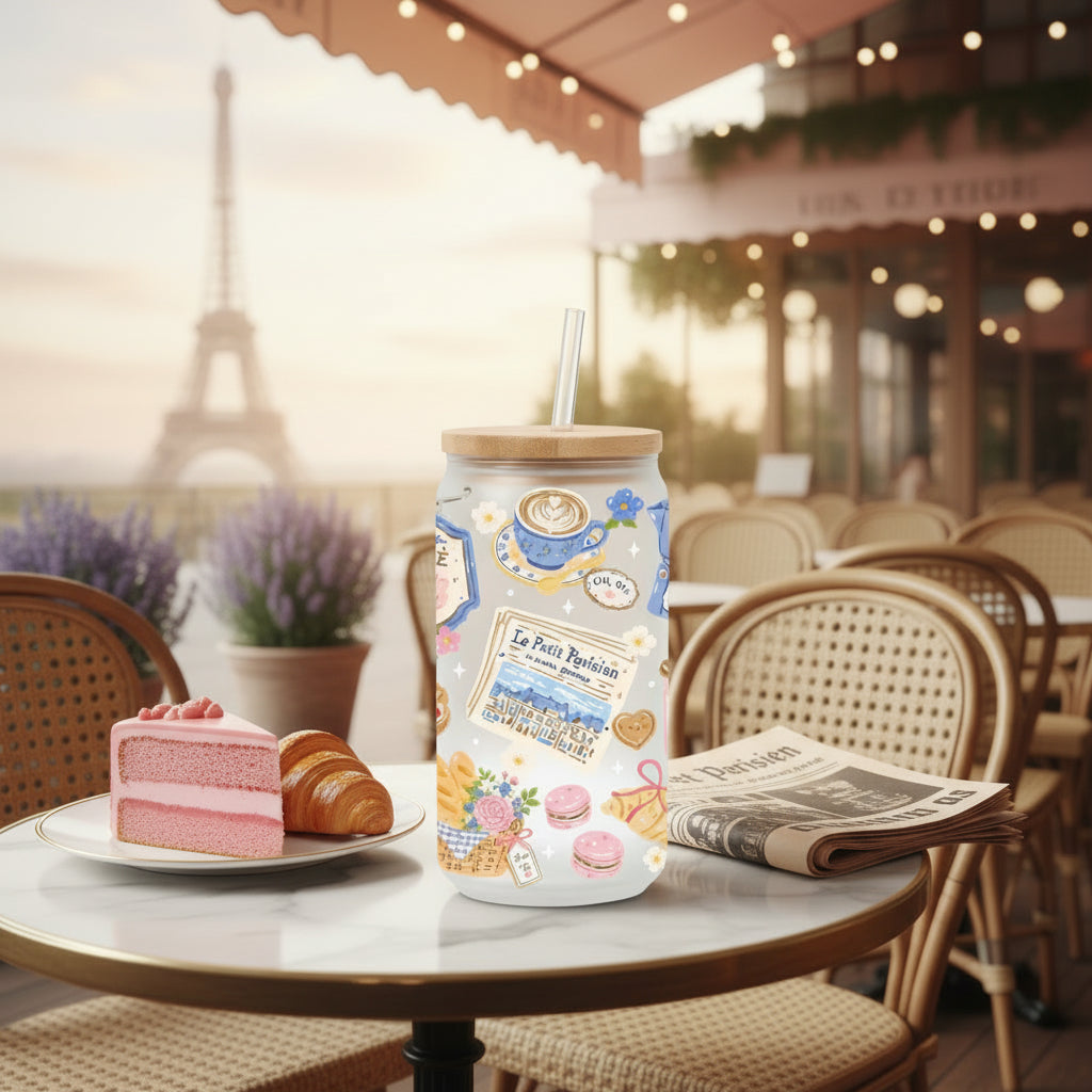 glass with illustrations of coffee and tea-themed graphics on a cafe style background