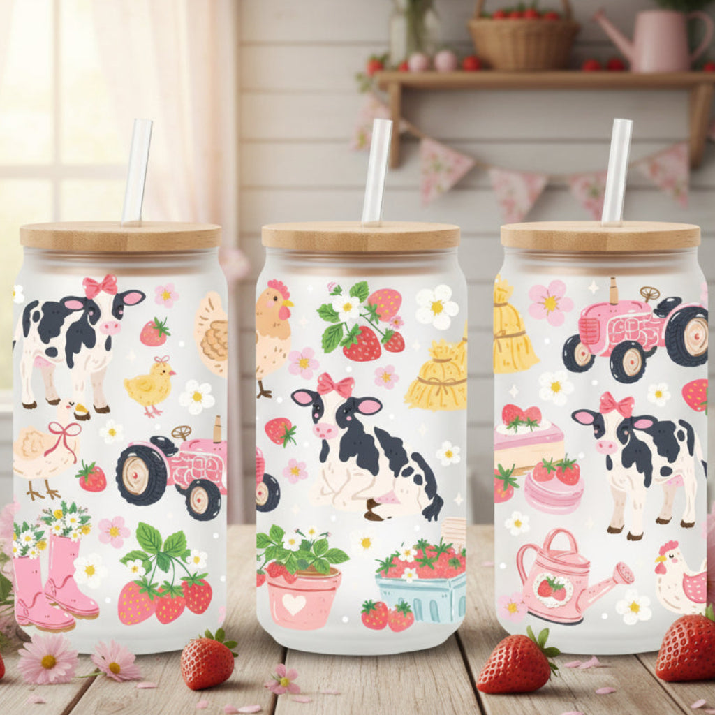 glass can with farm themed cottagecore design 