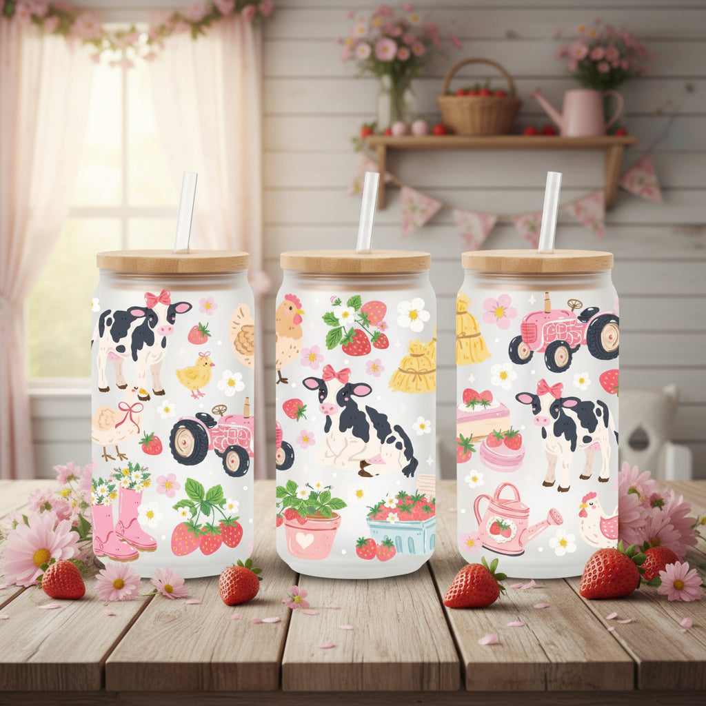 glass can with farm themed cottagecore design 