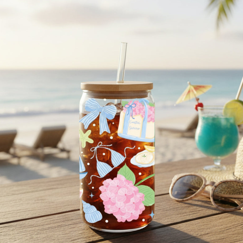 decorative glass on a table with beach view