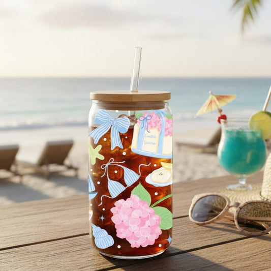 decorative glass on a table with beach view