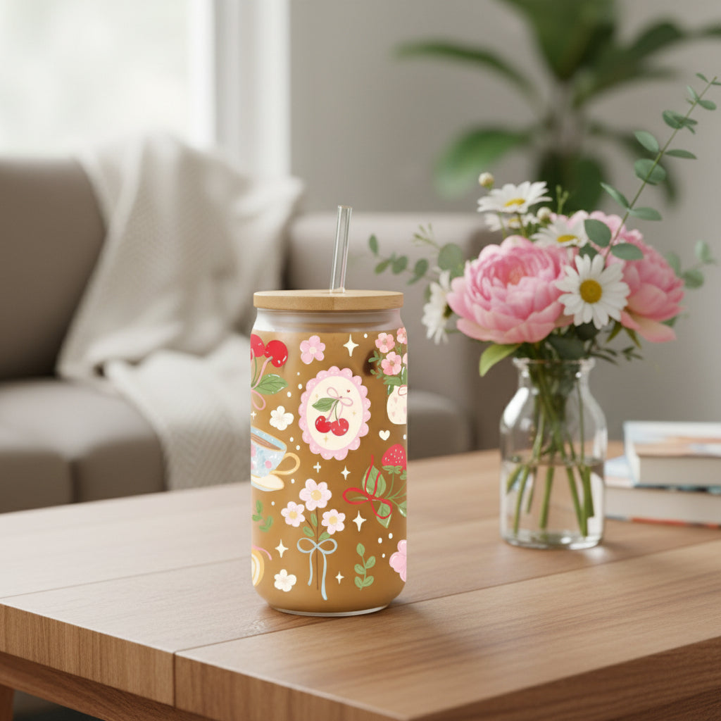 glass can with cherry and floral design with a vase and flowers