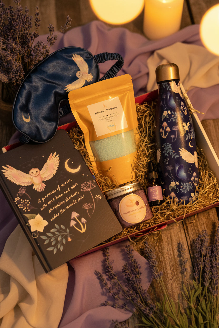 Gift set with sleep mask, water bottle, and other items on a cosy background