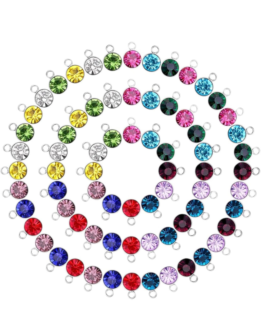 Multicolored gemstone pendants arranged in a circular pattern on a white background