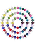 Multicolored gemstone pendants arranged in a circular pattern on a white background