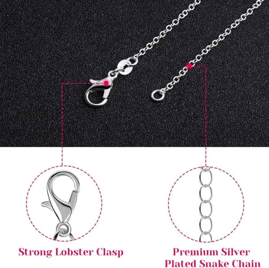 Silver necklace with strong lobster clasp and premium silver-plated snake chain on a black background.
