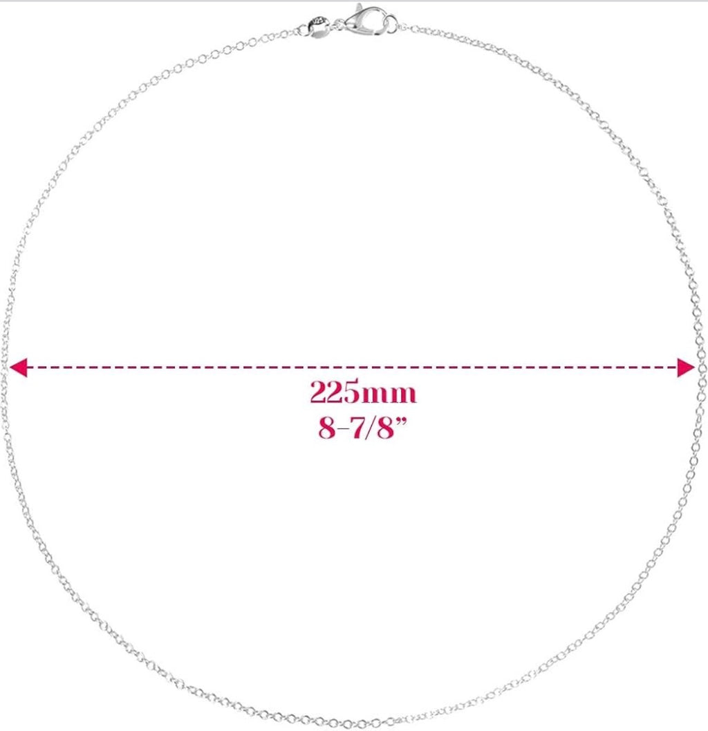 Silver necklace with measurement details on a white background