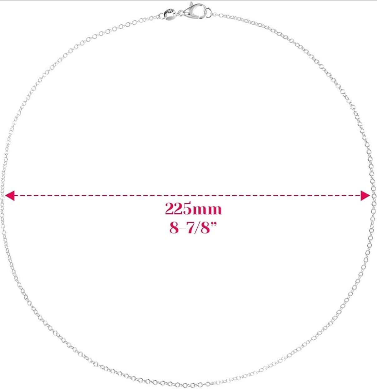 Silver necklace with measurement details on a white background