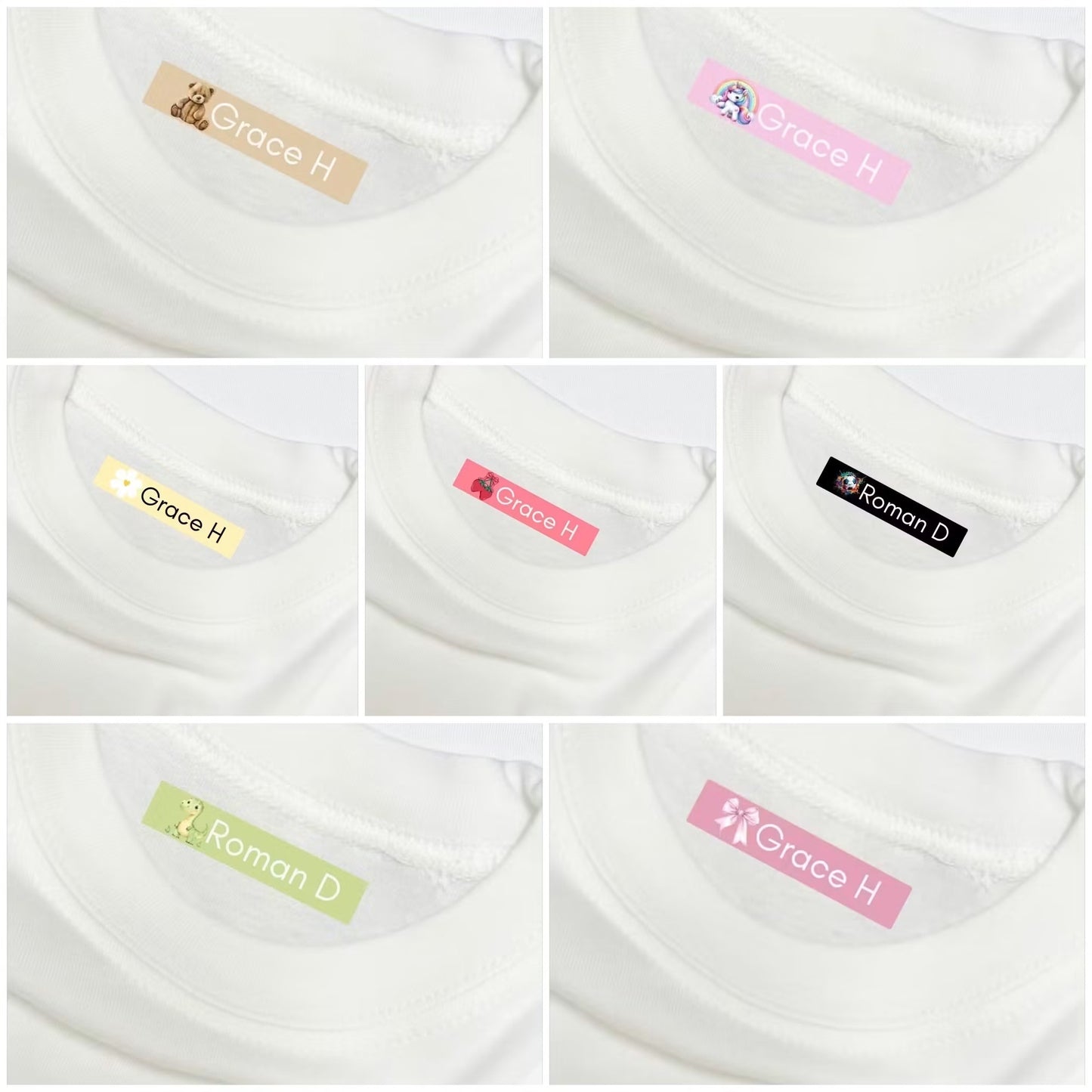 Six close-up views of white t-shirt neck labels in different colors, each showing the text 'Grace H' or 'Roman D' on a white background.