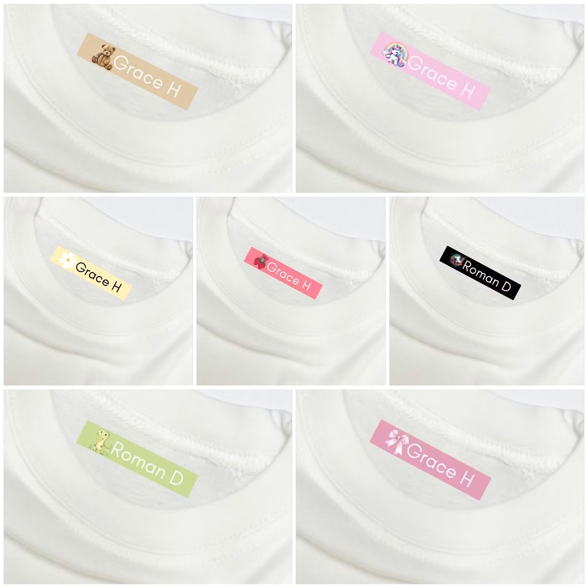 Six close-up views of white t-shirt neck labels in different colors, each showing the text 'Grace H' or 'Roman D' on a white background.