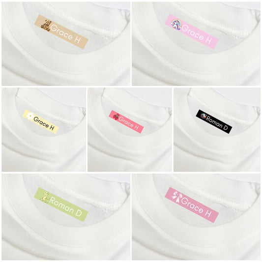 Six close-up views of white t-shirt neck labels in different colors, each showing the text 'Grace H' or 'Roman D' on a white background.