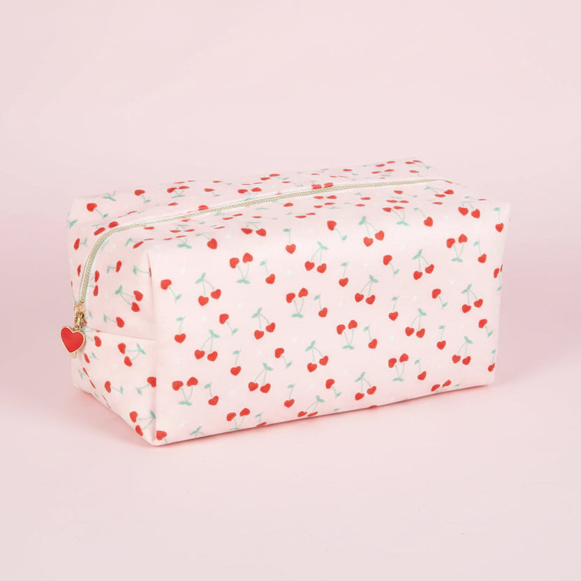 Rectangular pouch with cherry pattern on a white background
