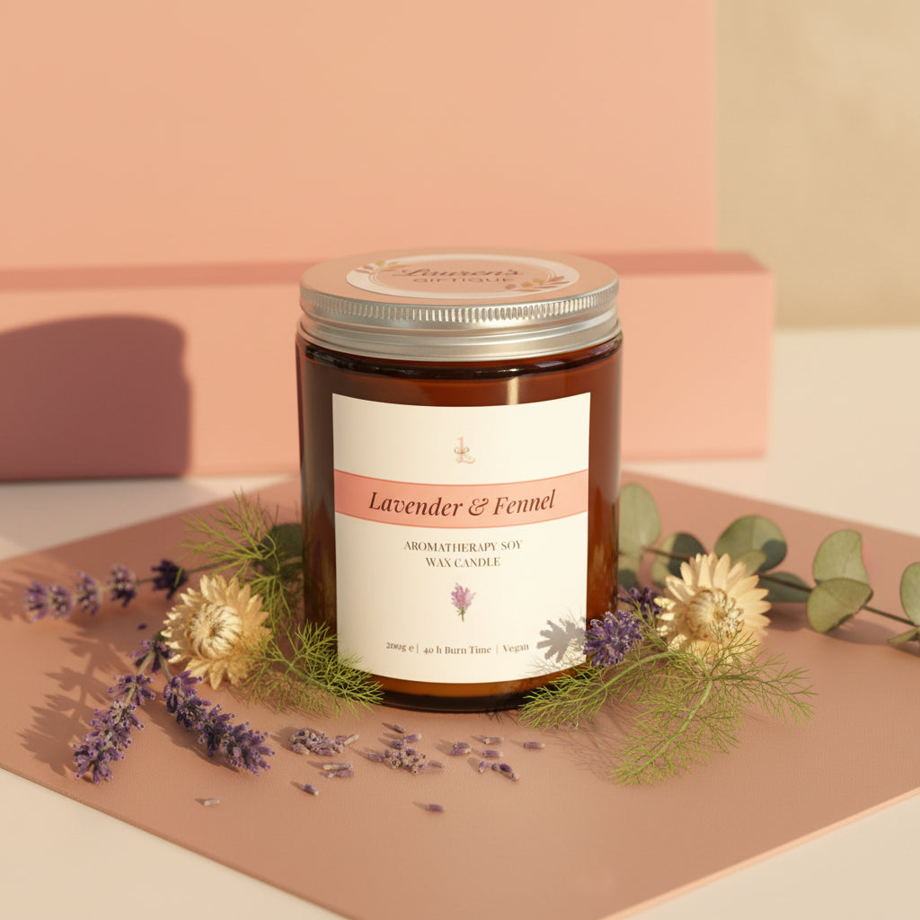 Candle jar labeled 'Lavender & Fennel' on a pink background