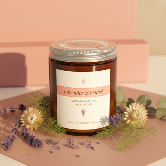 Candle jar labeled 'Lavender & Fennel' on a pink background