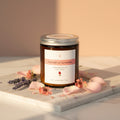 Jar of lavender and geranium candle on a pink and beige background