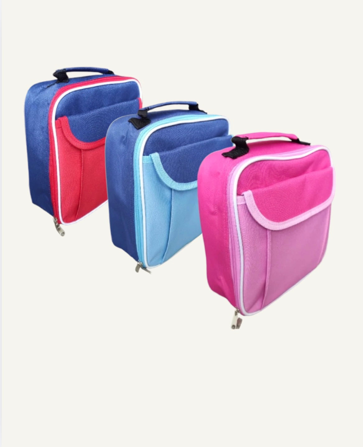 Three insulated lunch bags in blue, light blue, and pink, arranged diagonally on a light beige background.