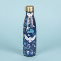 Navy blue water bottle with white owl design on a white background
