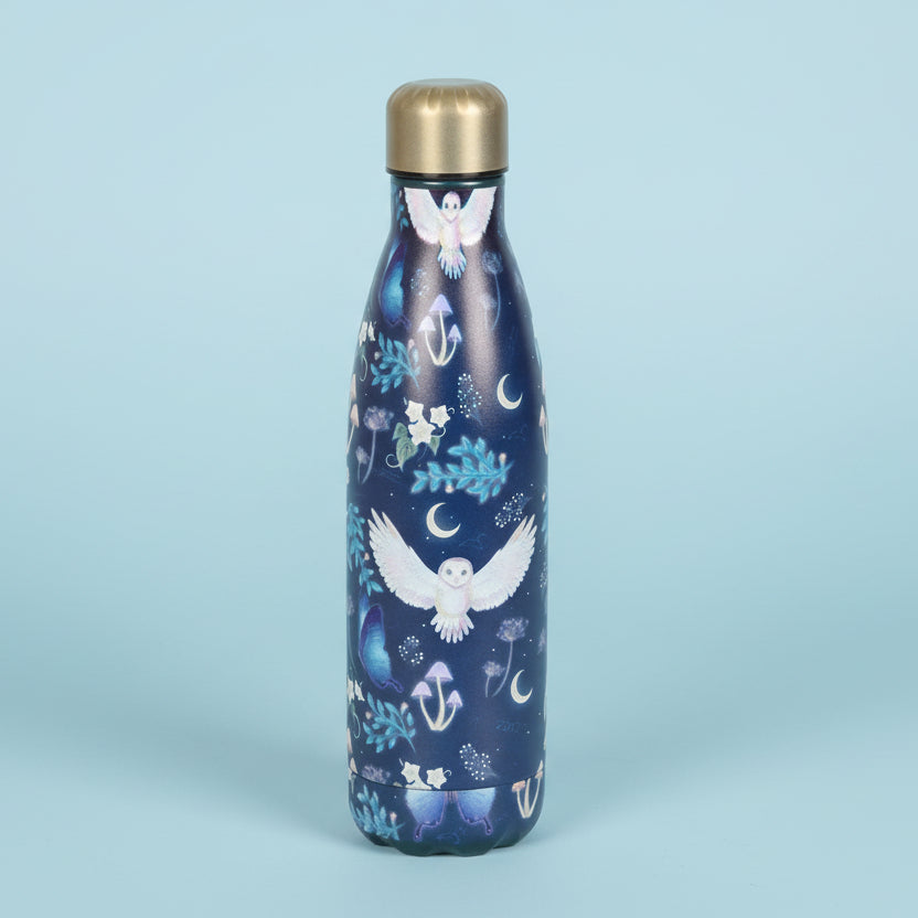 Navy blue water bottle with white owl design on a white background