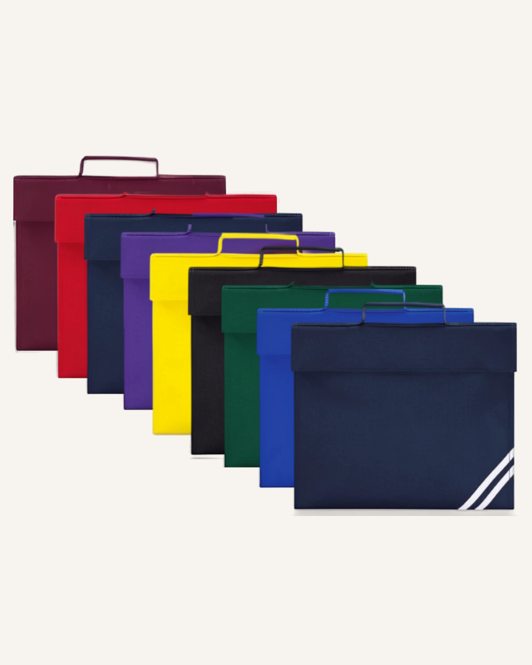 A set of fabric book bags arranged in a diagonal row, showing multiple colours including burgundy, red, navy, purple, yellow, black, green, blue, and navy with white diagonal stripes on the front.