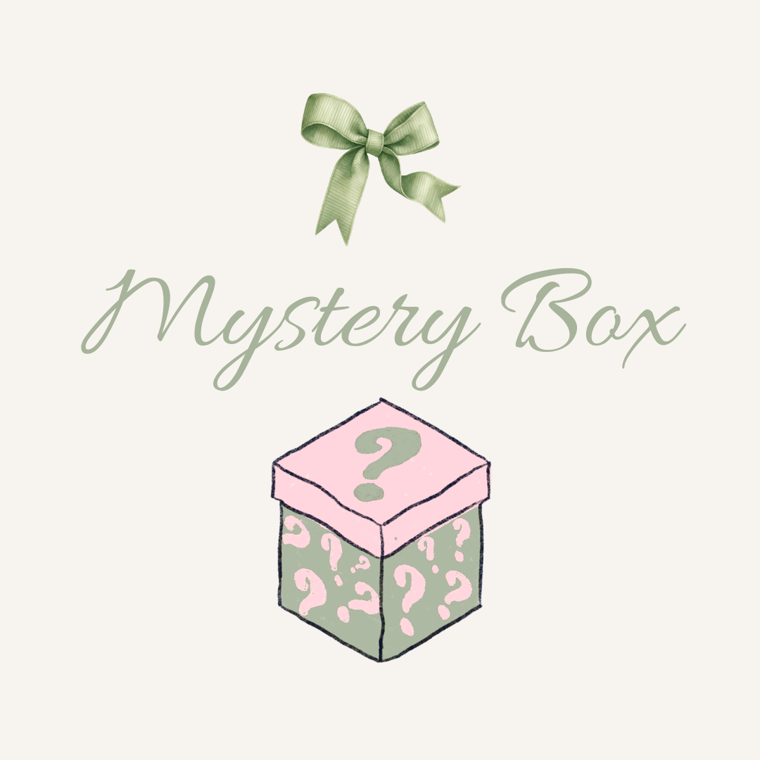 mystery box poster in sage green, blush pink and ivory.