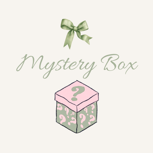 mystery box poster in sage green, blush pink and ivory.