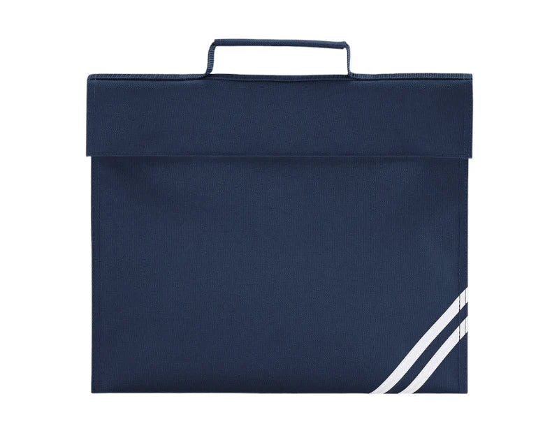 A navy blue fabric book bag with a top handle and two diagonal white stripes in the bottom right corner, shown against a plain white background.