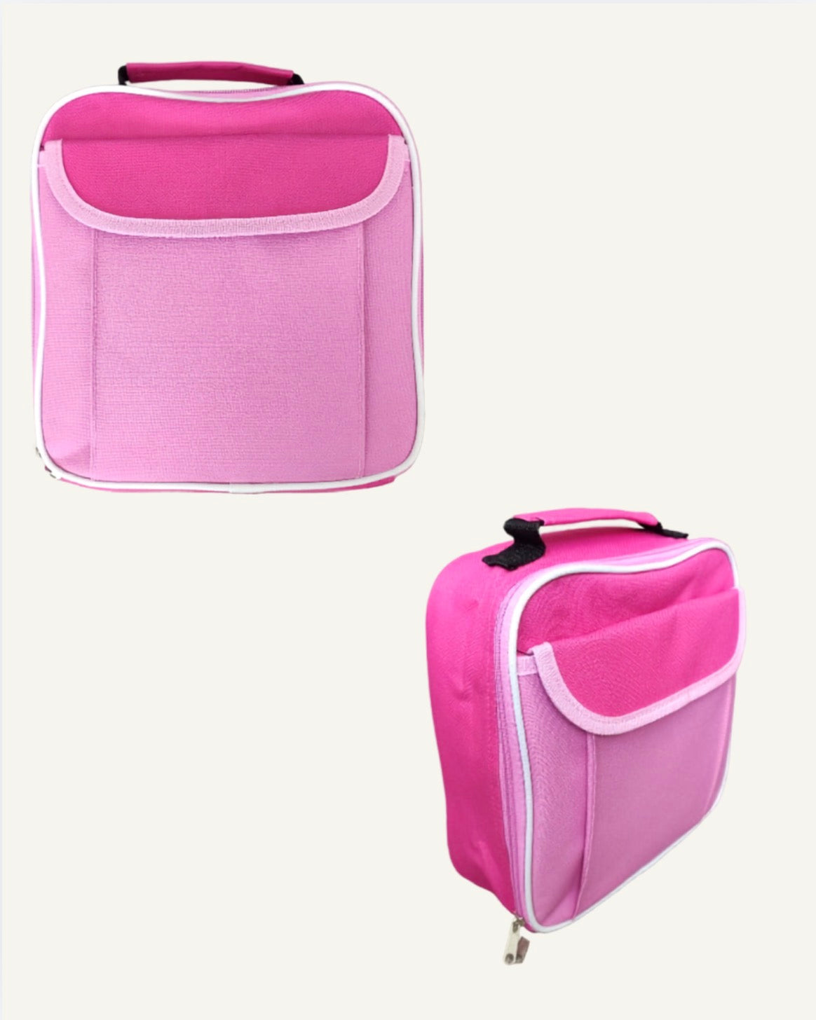 A pink zippered lunch bag shown from two angles on a plain light background. The bag has a top handle, a front flap pocket, and a mesh side pocket.