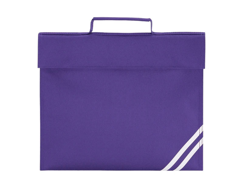 A purple fabric book bag with a top handle and two diagonal white stripes in the bottom right corner, shown against a plain white background.