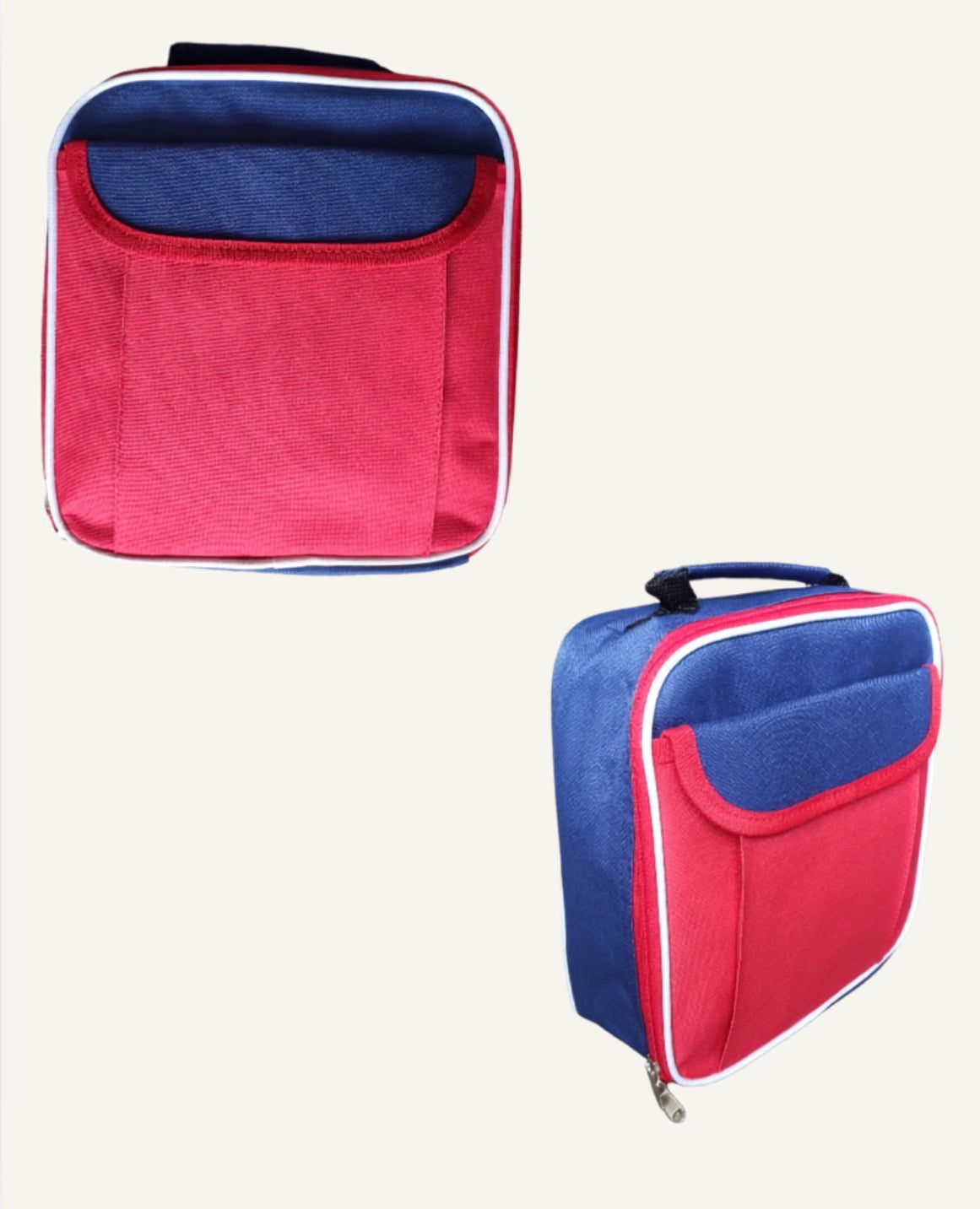 Two views of a red and blue zippered lunch bag with white piping on a light off-white background.