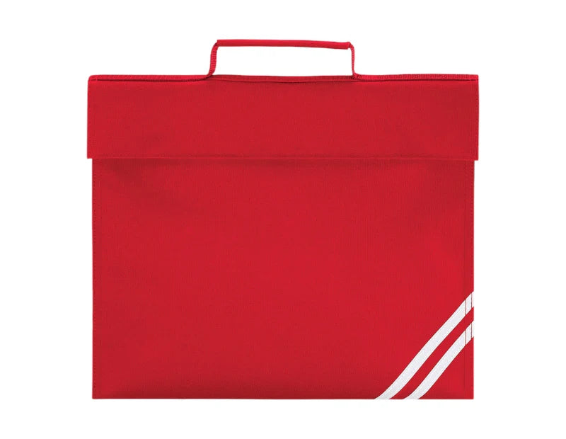A red fabric book bag with a top handle and two diagonal white stripes in the bottom right corner, shown on a plain white background.