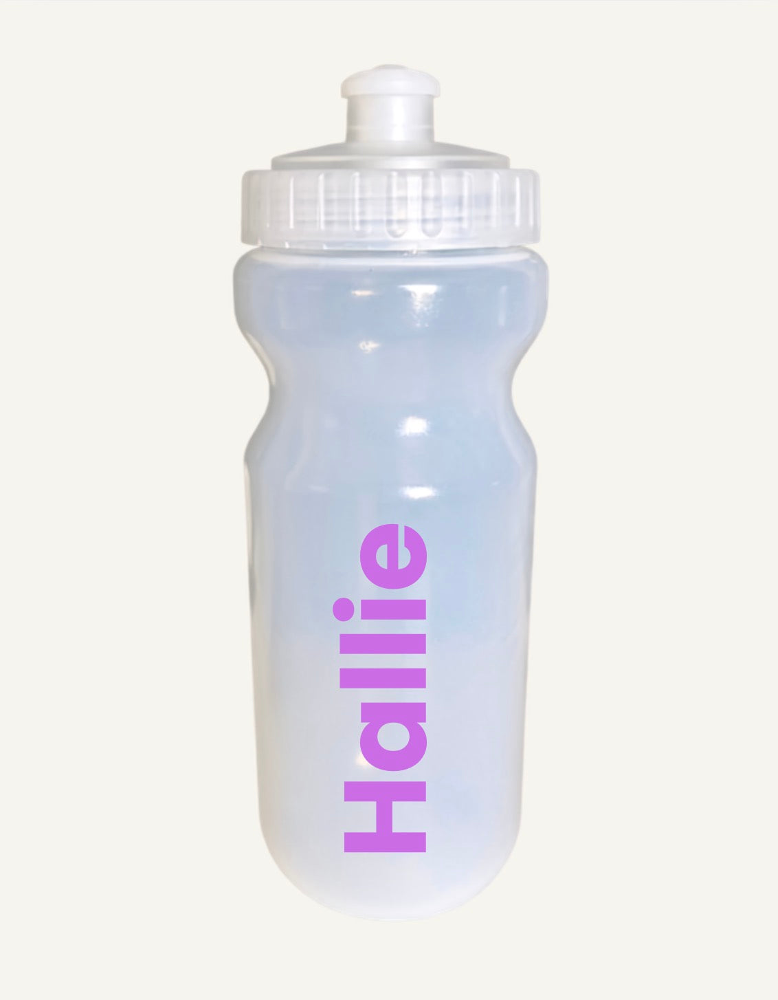 A translucent frosted plastic water bottle with a white screw cap and the name 'Hallie' printed vertically in purple on the front, shown against a plain off-white background.