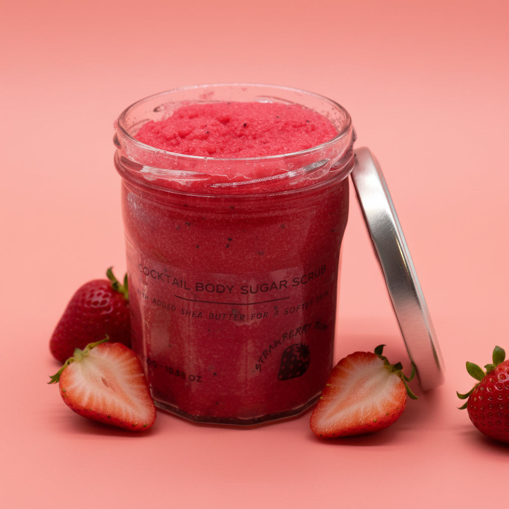 strawberry rum fragrance sugar body scrub in glass jar