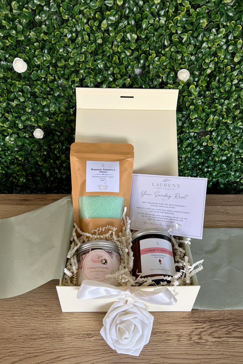 a curated 'Sunday Reset' gift set including bath potion, aromatherapy candle, whipped soap and self-care card.