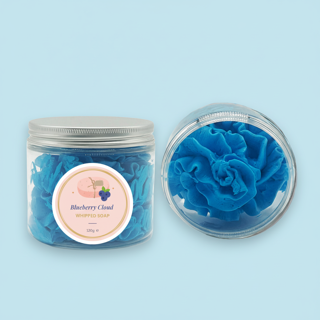 blueberry whipped soap on a blue background