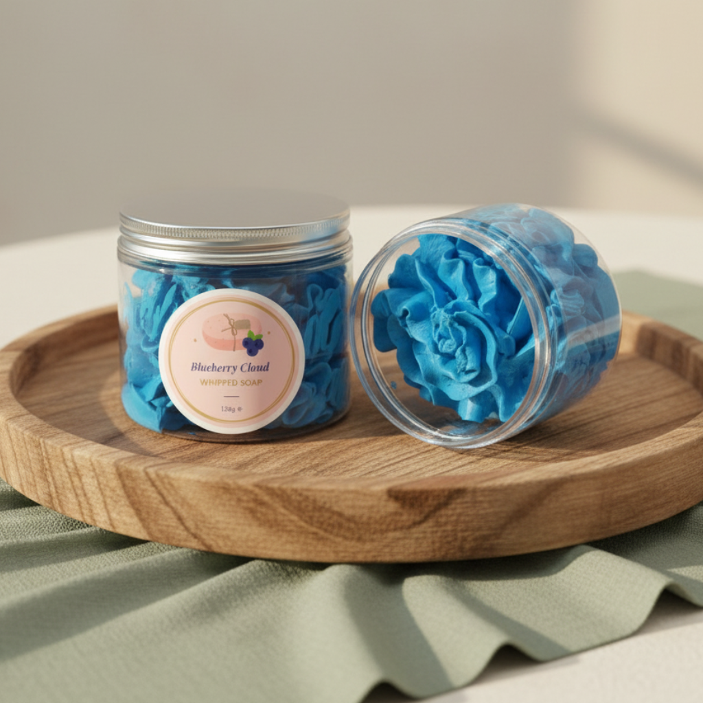 blueberry whipped soap on a blue background