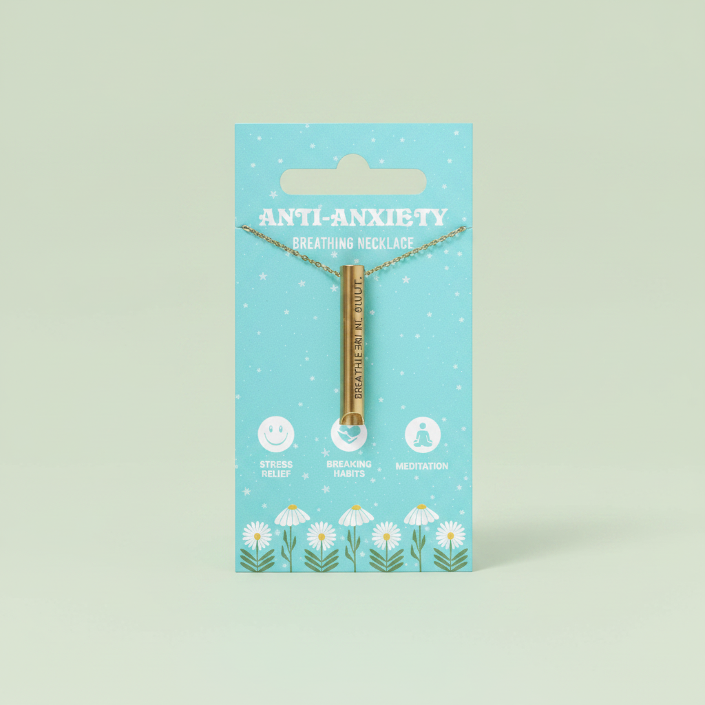 A gold-toned metal necklace with a vertical bar design and small dangling beads, displayed on a light blue card labeled 'ANTI-Anxiety' against a plain sage green background.