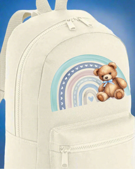 Natural Personalised Blue Teddy Rainbow Backpack