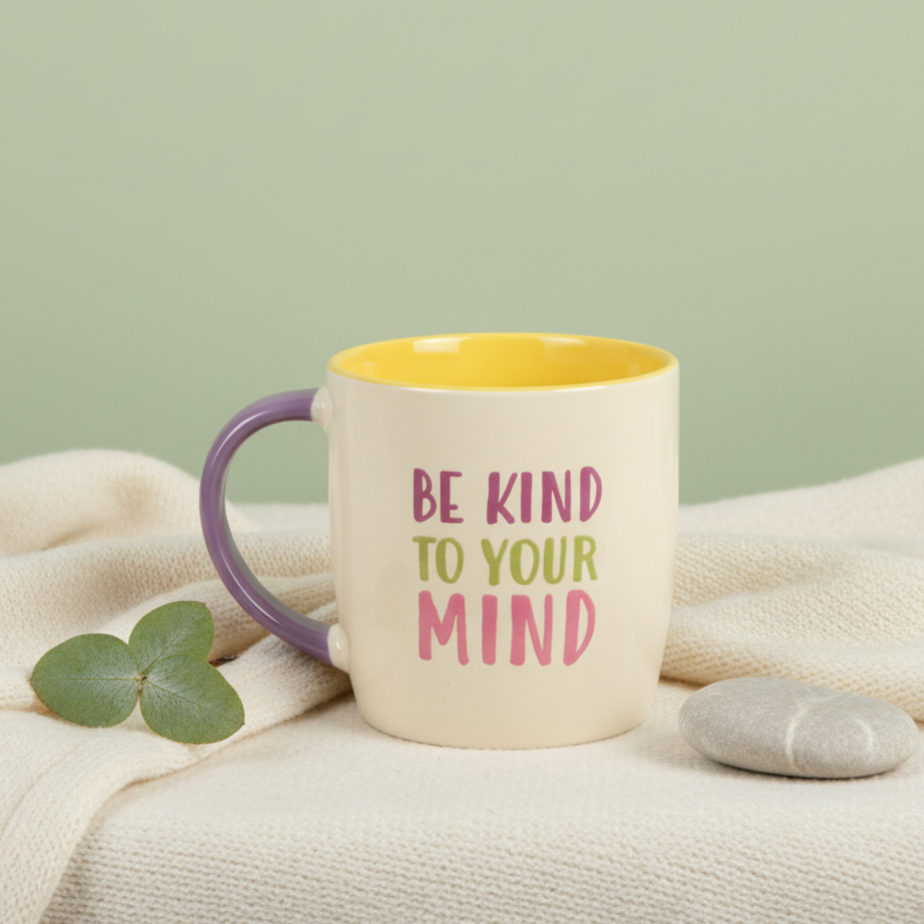 be kind to your mind mug on a ivory blanket and sage green background